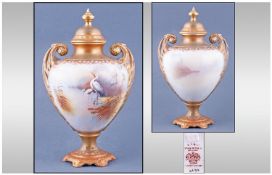 Crown Devon Fine Hand Painted And Signed Lidded Two Handle Urn Shaped Vase. Circa 1911. Cranes in a