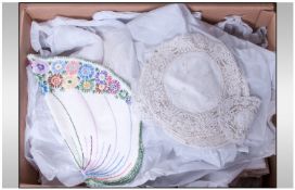 A Large Quantity of Linen including crocheted cloths, embroidered tablecloths, dining table set,