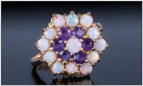9ct Gold Dress Ring Set With Milk Opals And Amethyst In A Flowerhead Setting Fully Hallmarked Size
