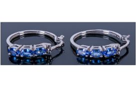 Tanzanite Pair of Hoop Earrings, oval cut tanzanites set in platinum and silver hoops with secure
