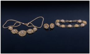 Silver Gilt Filigree Necklace, Bracelet and Earrings Set, each formed from intricate, circular boss