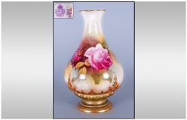 Royal Worcester Small Hand Painted `Roses` Vase, of exaggerated baluster shape on a circular spread