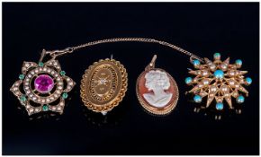 Collection Of Four Pendant/Brooches, Comprising Shell Cameo Pendant With 9ct Mount, Yellow Metal