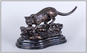 Bronze Sculpture Wild Cat Signed `Mene` The cat is raised on a rocky outcrop. Seemingly ready to