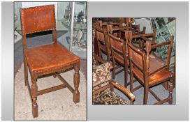A Set of 6 1930`s Jacobean Style Leather Backs and Seat Dining Chairs, Brass Studded. With 2