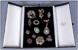 Early 20th Century Collection of Silver and Metal Stone Set Brooches and Earrings. 11 items. Good