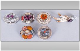 A Good Collection Of Vintage Silver & Silvered Stone Set Scottish Brooches, 6 in total.