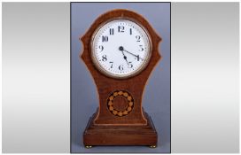 Edwardian Walnut Shaped and Inlaid Mantel Clock. Raised on 4 Brass Feet. White with Porcelain Dial