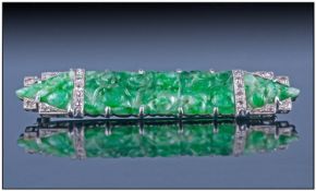 Art Deco Style 14ct White Gold Jade Bar Brooch. Mottled Green carved Jade showing flashes of deep