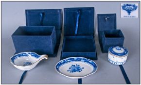 Three Boxed Blue and White French Porcelain Items . `Peint La Maine`.