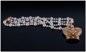 Faux Pearl and Crystal Crown Necklace, the white faux pearls can be worn long or doubled with the