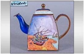 A Small 20th Century Enamel & Brass Teapot  decorated with coloured images of boats at sea and on