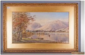 E.A Worthington 19th Century Artist. Scottish lake scene with figures and boats, mountains in the