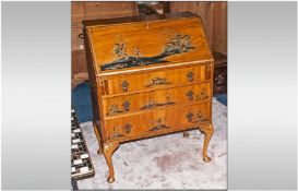 Queen Anne Style Edwardian Bureau In Walnut decorated with a Chinoisserie gilt lacquered decoration