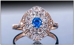 Vintage 9ct Gold Set Diamond & Sapphire Cluster Ring in the art deco style, Fully Hallmarked.