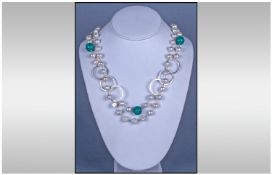 Cultured Fresh Water Pearl and Turquoise Double Strand Necklace, one strand comprising white