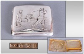 Edwardian - Fine Silver Cigarette Case, Decorated with Golfing Figures In High Relief, to front of