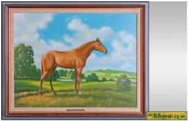 Oil Painting of A Horse in a Pasture. Signed by A Knowles, lower left. With an engraved title