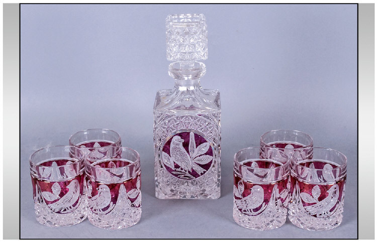 Glass Decanter with 6 Tumblers. Ruby Red Floral and Bird Decoration and Star Cut Base.