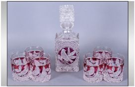 Glass Decanter with 6 Tumblers. Ruby Red Floral and Bird Decoration and Star Cut Base.