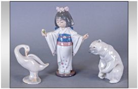 Lladro Figures 3 in total. Little Geisha Girl Model 6152 8`` in height, plus two others.