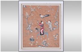 Chinese Antique Embroidered Silk Panel, framed. Depicting a Mandarin riding on a sisi with