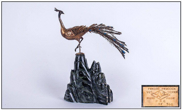 A Fine Handmade Limited & Numbered Edition Suhai Sterling Silver Sclupture Of The Peking Peacock