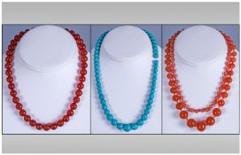 Three Bead Necklaces, Cornelian, Agate & Turquoise Stones, All are graduated beads.