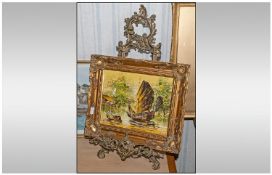 Two Traditional Prints of Interiors, in gilt frames. Together with an Oriental print of a Junk in a