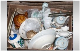 Box of Misc, Including Teapots, Glass ware, 1930`s Pottery etc.