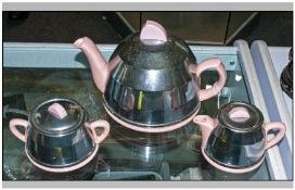 Three Piece Part Tea Set, Pink Ceramic with Silver Plated Covers. Comprising Teapot, Water Jug and