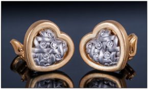 18ct Gold Heart Shaped Earrings, central white weave design each set with six modern brilliant cut