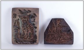 Two Antique Printing Blocks, Inlaid With Brass & Copper, 1. Britannia With Lion & Unicorn,8x8.5``,