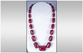 Cherry Amber Coloured Beads, Long Necklace Of Graduated Beads, Cherry Coloured, Metal Mounts And