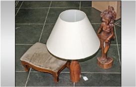 A Carved Bali Wood Figure Of A Girl, small Cabriole leg footstool & modern shaped teak table lamp.