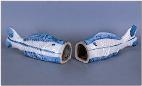 Japanese Pair Of 19th Century Hand Painted Blue And White Wall Sconces, in the form of fish. Each