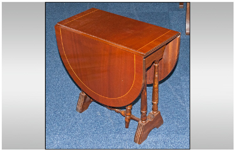 Mahogany Sheraton Style Mini Inlaid Sutherland Table on turned legs. 18.5 inches high, 18.5 inches