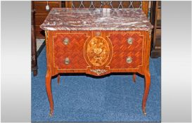 A French Marble Topped Two Drawer Commode Chest with a rouge coloured marble top. The drawer fronts