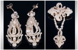Victorian Pearlwork Jewellery Set Comprising brooch with drop & matching earrings. Consisting of