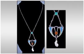Charles Horner Silver Blue & Green Enamel Art Nouveau Necklace, Central Amber Coloured Stone With