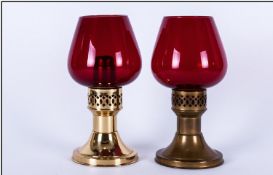 Pair of Brass Reproduction Oil Lamps with ruby red glass shades. 10 inches high.