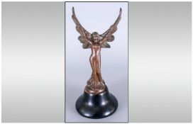 Heavy Bronze Car Mascot In The Form Of A Maiden, Arms Outstretched With Wings Mounted On A Wooden