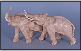 Oriental Ivory Coloured Figure Group Of A Pair Of Elephants With Raised Trunks, 8.25`` in height &