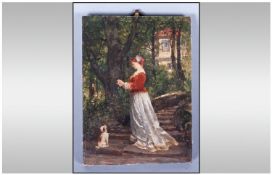 Peper Severin Krqyer Small Danish Oil On Panel Of A Lady with a dog in a garden setting. Labels to