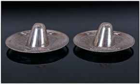 Spanish Miniature Pair Of Silver Novelty Mexican Hats. Marked 925 Each 2.75`` Diameter.