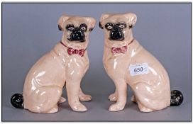 Pair of Continental Pottery Pup Dogs. Late Nineteenth Century, Beige Colour with Pink Bow tie. 8.