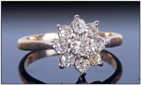 18ct Gold Set Diamond Cluster Ring, flower head setting, the central diamond surrounded by 8