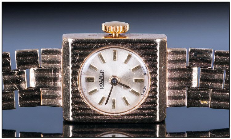 Roamer - Ladies 1960`s 9ct Gold Square Cased Wrist Watch, with Integral 9ct Gold Strap. Hallmark