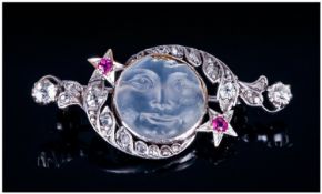 White Gold, Diamond Set Brooch, central carved `Man In The Moon` Moonstone between rose gold