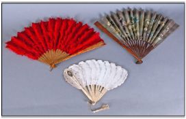 Antique French Ivory Fan with fretted & engraved arms, together with a red plum fan & a hand